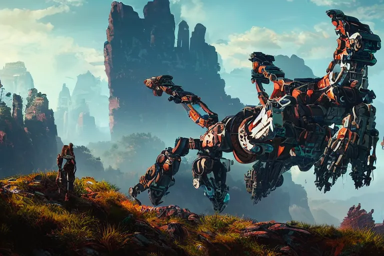 Image similar to rockbreaker machine mecanical creature robot of horizon forbidden west horizon zero dawn radiating a glowing aura global illumination ray tracing hdr fanart arstation by ian pesty and alena aenami artworks in 4 k