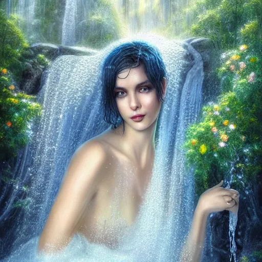 Image similar to beautiful woman, white transparent veil black hair, bathing in a waterfall, swimming, ethereal, emotive, fine art, water mist, mystical, Romanticism, natural light, cinematic lighting, ultra detailed, highly detailed, sharp focus, golden background with flowers, golden jewelry with blue sapphires, photographic, art by artgerm and greg rutkowski and zdislav beksinski