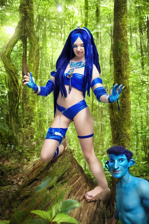 Image similar to a young woman dressed as a blue-skinned female navi from avatar standing in a forest, high resolution film still, 8k, HDR colors, cosplay, outdoor lighting, high resolution photograph, photo by bruce weber