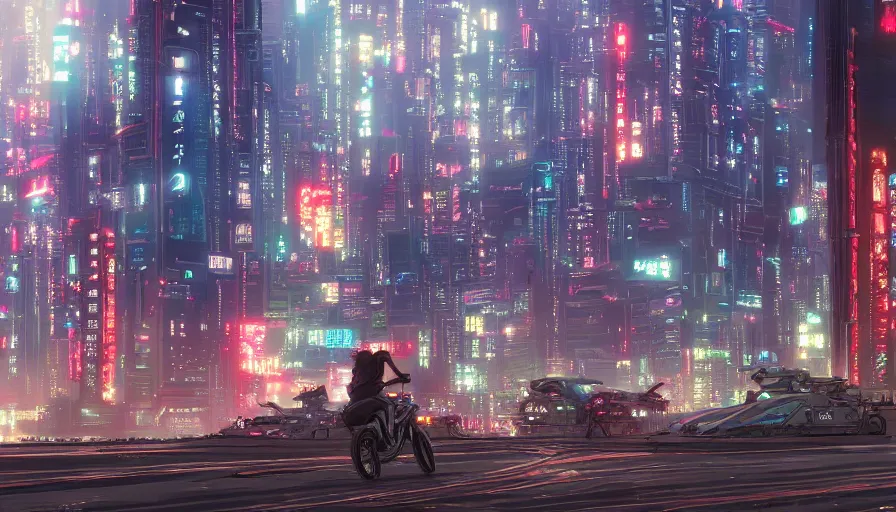 Prompt: A beautiful picture of an establishing shot of akira\'s bike on a cyberpunk neo tokyo cityscape by Sergey Vasnev and square pictures , trending on artstation