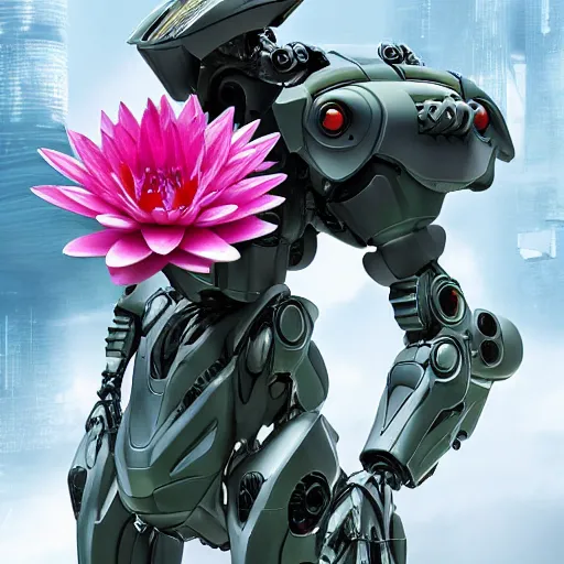 Prompt: futuristic nymphaea themed mecha waterlily flower for upper body android, cyberpunk, rococo, sci - fi movie, cinematic compositions, highly detailed, nymphaea, 8 k hd resolution, sazabi, biomechanical, bandai box art, makoto kobayashi, zaha hadid,