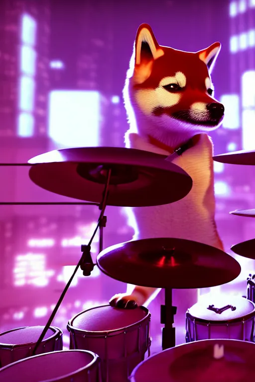 Image similar to high quality 3 d render very cute cyborg shiba inu plays drums!, cyberpunk highly detailed, unreal engine cinematic smooth, in the style of blade runner & pixar, hannah yata charlie immer, moody light, low angle, uhd 8 k, sharp focus