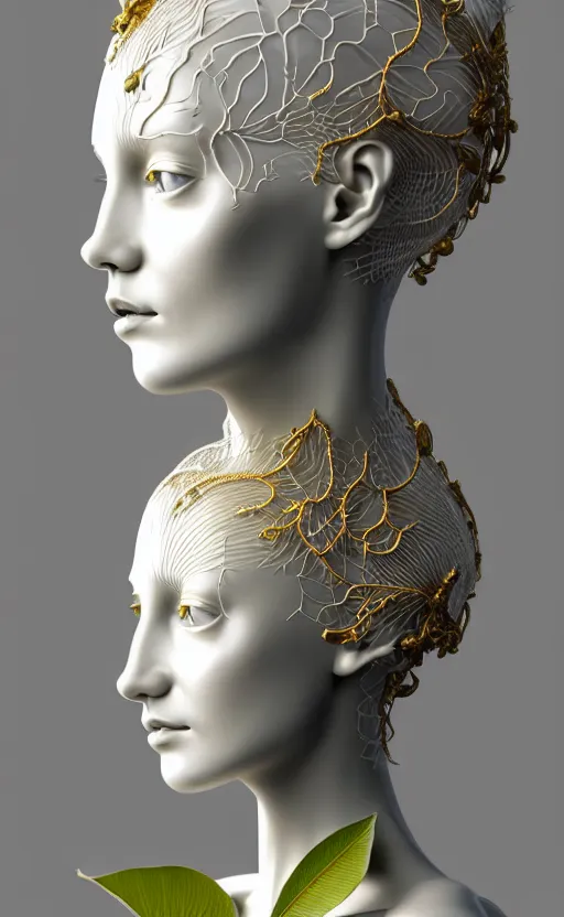 Image similar to complex 3d render of a beautiful porcelain profile woman face, hazel eyes, ultra detailed, vegetal dragon cyborg, 150 mm, beautiful natural soft light, rim light, silver gold lemon metallic details, magnolia big leaves and stems, roots, fine lace, maze like, mandelbot fractal, anatomical, facial muscles, cable wires, microchip, elegant, white metallic armour, octane render, black and white, H.R. Giger style