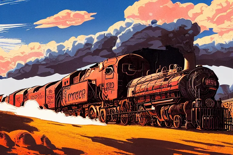 Image similar to old western freight train illustration by joe fenton and syd mead, artstation, 4 k, graphic novel, concept art, matte painting, steam engine spewing billowy white clouds of steam, beautiful idyllic mountain desert sunset background, golden hour