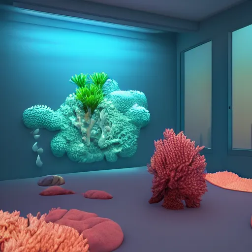 Prompt: photo of the modern room as aquarium with a big jellyfish and corals, realistic colors, realistic shadows, daylight made in blender, 3 d by beeple and damian hirst