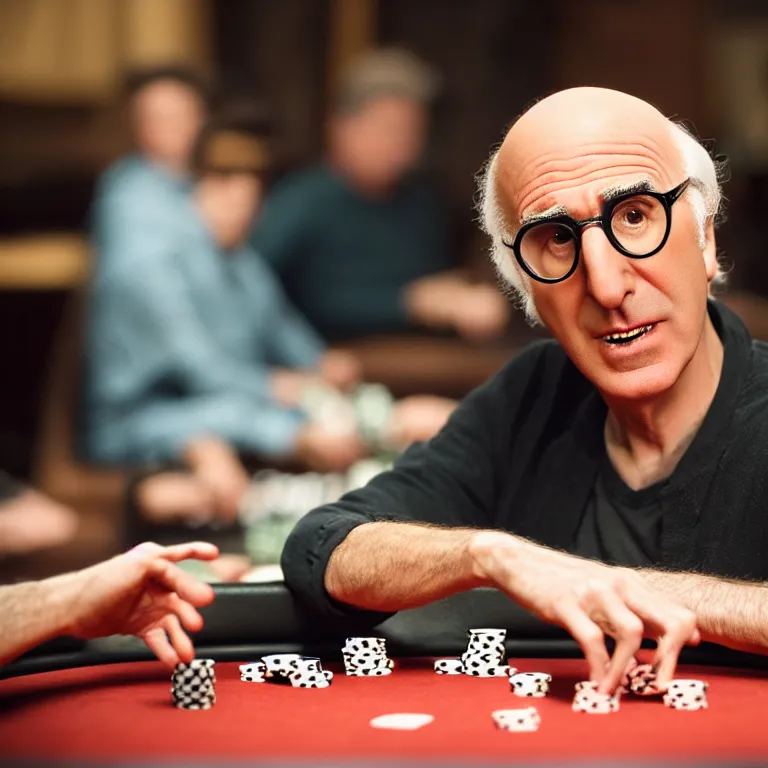 Image similar to a cinematic film still of a claymation stop motion film starring larry david playing poker, portrait, shallow depth of field, 8 0 mm, f 1. 8