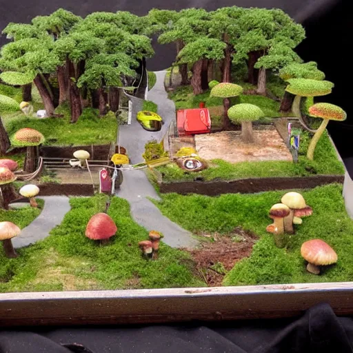 Prompt: diorama of a neighborhood with mushrooms