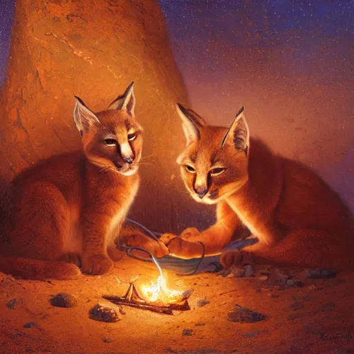 Image similar to three cute caracals wearing red ties with guitar, campfire, night, atmospheric lighting, intricate, volumetric lighting, digital art, highly detailed by gaston bussiere, craig mullins, j. c. leyendecker 8 k