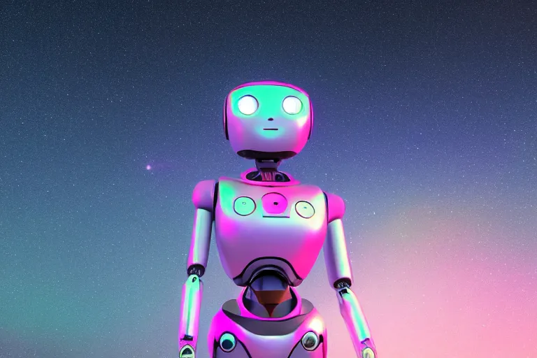 Image similar to a beautiful calm robot girl looking up to the stars, photograph, colorful background, render, 3 d, render, 8 k, 4 d,
