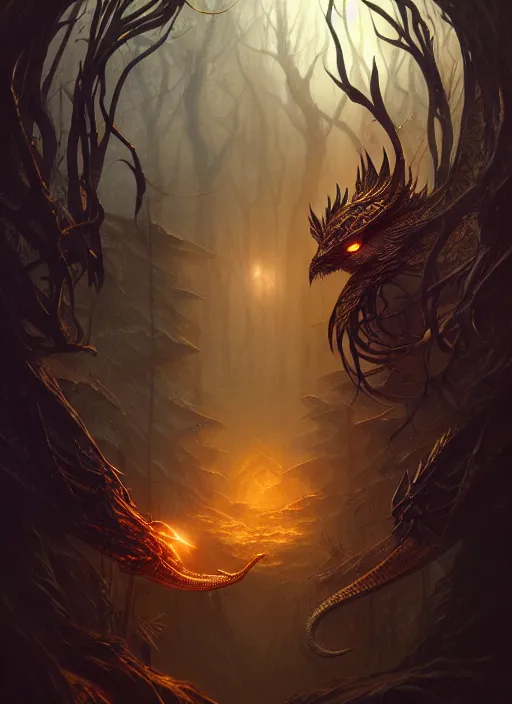 Image similar to book cover, award winning, dark crow, fantasy forest landscape, dragon scales, fantasy magic, dark golden light night, intricate, elegant, sharp focus, illustration, highly detailed, digital painting, concept art, matte, art by WLOP and Artgerm and Greg Rutkowski and Alphonse Mucha, masterpiece