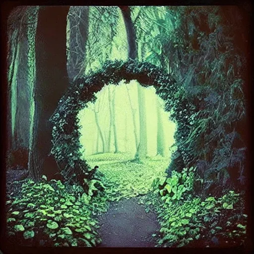 Image similar to dark forest with a portal that show to a dimension that is a flower garden, polaroid photo, perfect photo, photo pinterest