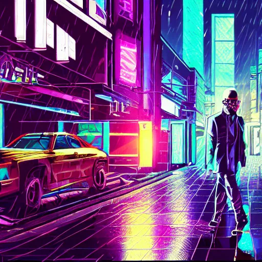 Image similar to walter white in a synthwave cyberpunk city at night, walking on a rainy street, concept art, digital