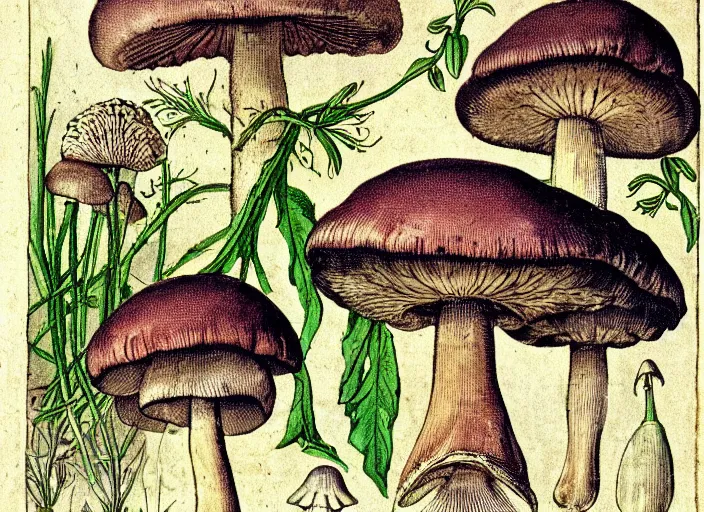 Prompt: mushrooms very rich life textbook scientific botanical mycological illustration, made by Wenceslas Hollar and Ernst Haeckel in vintage Victorian England colourised print style with saturated colours