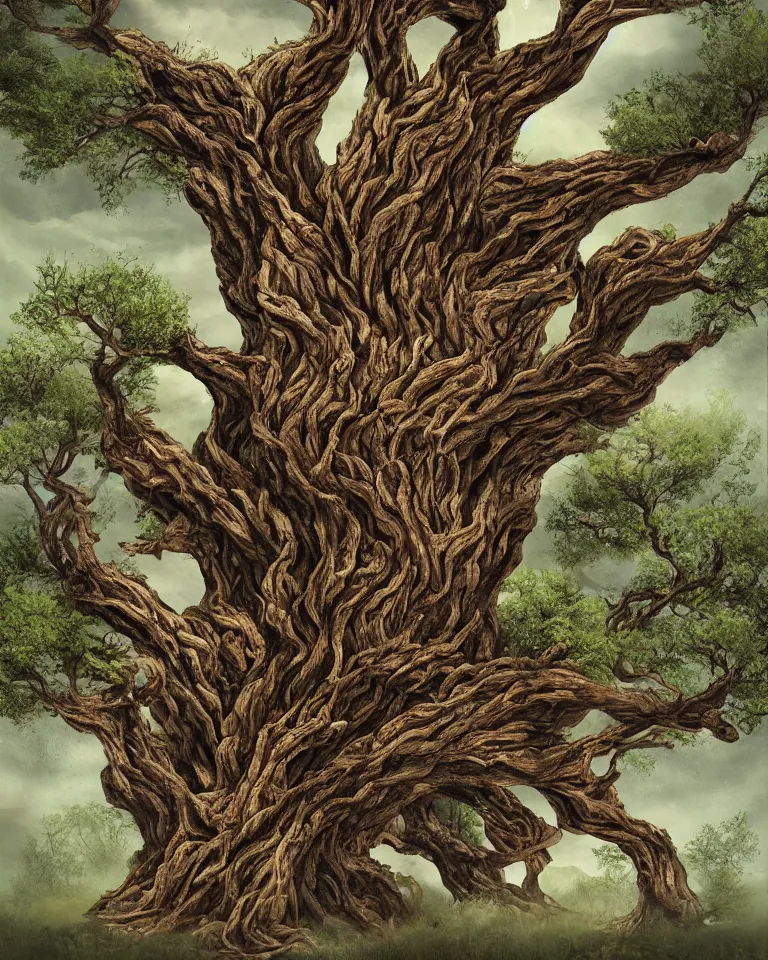 Image similar to Book cover artwork of a mythical wretched tree made of humans growing in the middle of a desert canyon seen from afar.