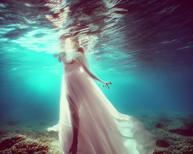 Image similar to beautiful female, full body, in long flowy dress, underwater, cinematic volumetric lighting, soft bokeh, glow, 8 k, by lexi laine, by wlop, by ross tran, fashion photography