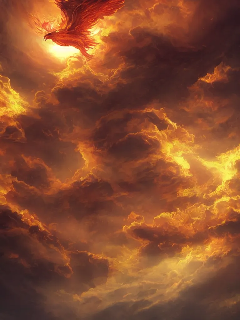 Image similar to A golden fire-burning phoenix flying in the clouds, A beam of holy light hits the phoenix，fantasy matte painting，rich colors, high details，Flame effect，light effect，by Jonas De Ro and John Pitre，trending on cgsociety and artstation，Film Lighting，8kHDR，unreal engine， Houdini particle effects，Epic scenes