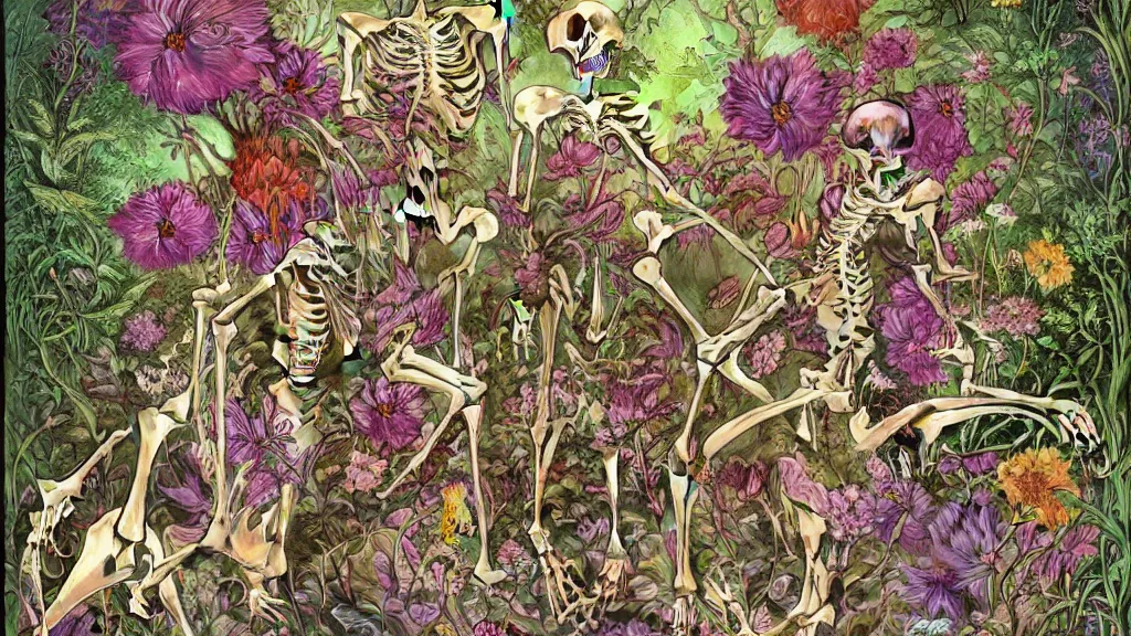 Prompt: highly detailed illustration all the known species of flowers growing from a human skeleton, by juan gatti!!, by gottfried bammes, by george bridgman, by moebius!, by oliver vernon, by joseph moncada, by damon soule, by manabu ikeda, by kyle hotz, by dan mumford, by kilian eng