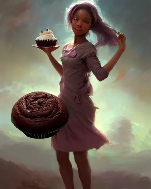 Prompt: a ( ( girl as personification of chocolate cupcake ) ), beauty, fantasy bakery, digital painting by krenz cushart, greg rutkowski, artgerm, laurie greasly, wlop, intricate, highly detailed!!, sharp focus, smooth, epic composition, joyful, unreal engine, masterpiece, 8 k, interesting background