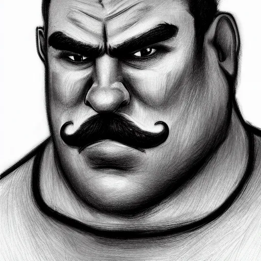 Image similar to face portrait a big beefy man with a large face, thick dark hair, a bushy black moustache, without beard, with hardly any neck and mean little eyes, highly detailed, digital art, sharp focus, trending on art station, colourful drawing