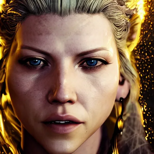 Prompt: portrait art of katheryn winnick, lagertha. vikings, 8 k ultra realistic, lens flare, atmosphere, glow, detailed, intricate, full of colour, cinematic lighting, trending on artstation, 4 k, hyperrealistic, focused, extreme details, unreal engine 5, cinematic, masterpiece