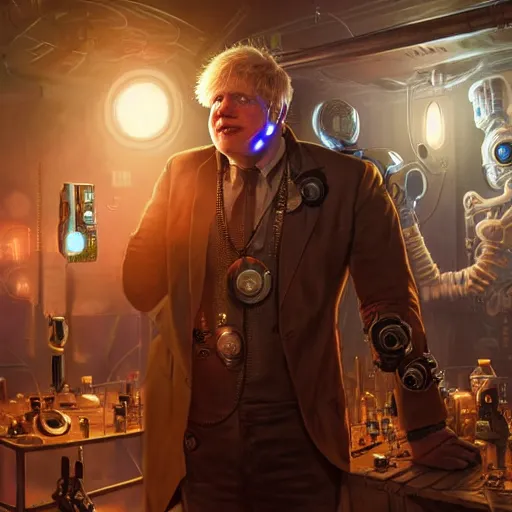 Prompt: cyborg steampunk boris johnson in a nightclub, anatomy, bathed in light, highly detailed, photorealistic, artstation, smooth, sharp focus, illustration, unreal engine 5, 8 k, art by artgerm and greg rutkowski and edgar maxence