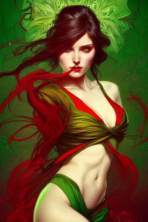 Image similar to green red yellow, dark fantasy, intricate, elegant, highly detailed, digital painting, artstation, concept art, matte, sharp focus, illustration, art by artgerm and alphonse mucha