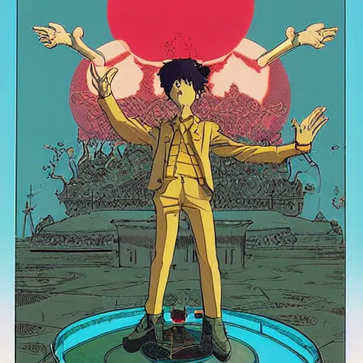 Prompt: powerful psychic guy emitting psychic powers, psychic, psychic powers, magic, ufotable studio art style, by moebius, by jamie hewlett, by geof darrow, aesthetic!,