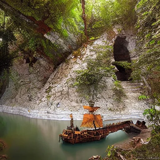 Prompt: a pirateship wreck in a crystal gorge, river running thru the middle, by tomasz alen kopera and Justin Gerard