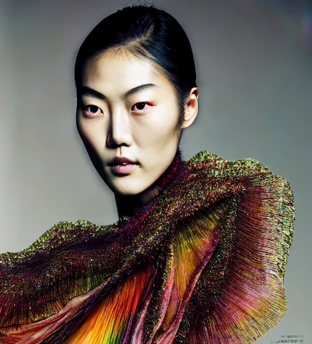 Image similar to photography facial portrait of liu wen, natural background, natural pose, wearing stunning cape by iris van herpen, with a colorfull makeup. highly detailed, skin grain detail, photography by paolo roversi, nick knight, helmut newton, avedon, araki