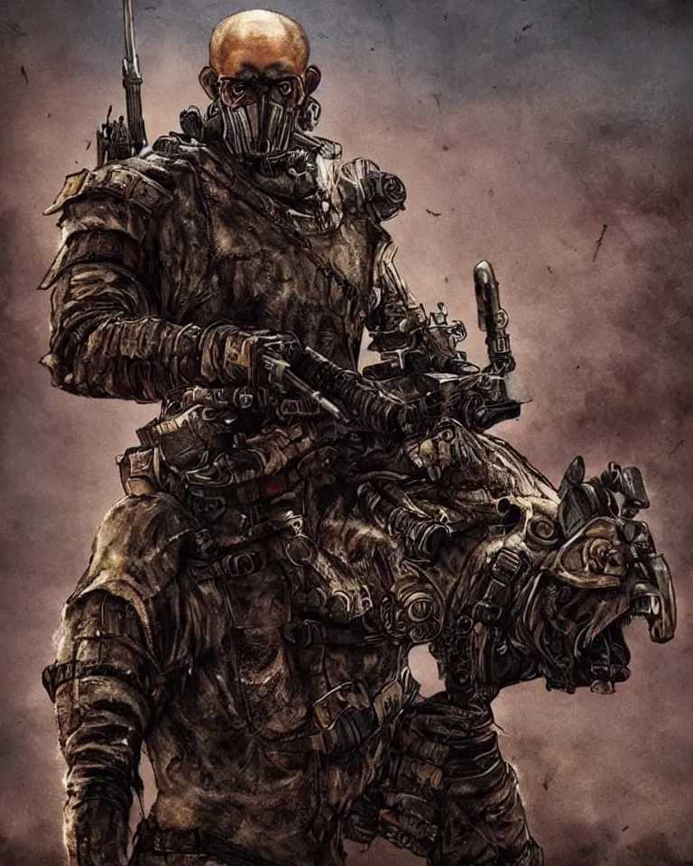 Image similar to a good ol'hound dog fursona ( from the furry fandom ), heavily armed and armored facing down armageddon in a dark and gritty version from the makers of mad max : fury road. witness me.