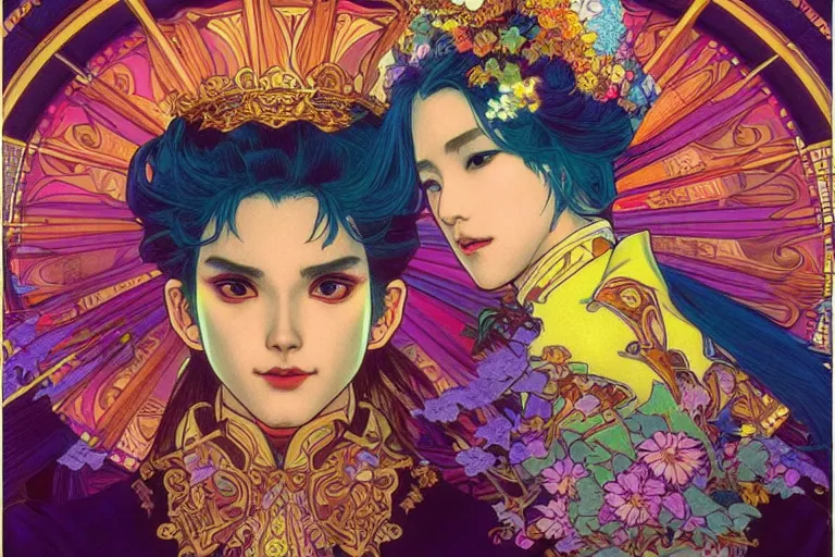 Prompt: colorful prince, night, japan, 4 k, ultra realistic, beautiful colors, epic lighting, machines, high detail, masterpiece, trending on artstation by artgerm and akihito tsukushi and alphonse mucha, crayons