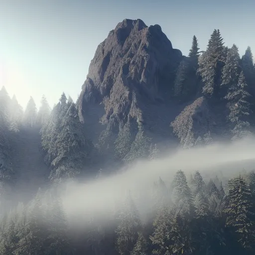 Image similar to still shot of a mountain covered in morning fog, highly detailed, photorealistic portrait, bright studio setting, studio lighting, crisp quality and light reflections, unreal engine 5 quality render