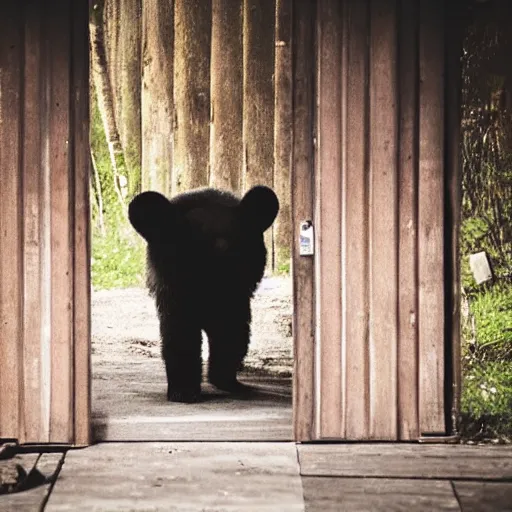 Image similar to dark photograph of a small bear mascot walking through a large wooden doorway