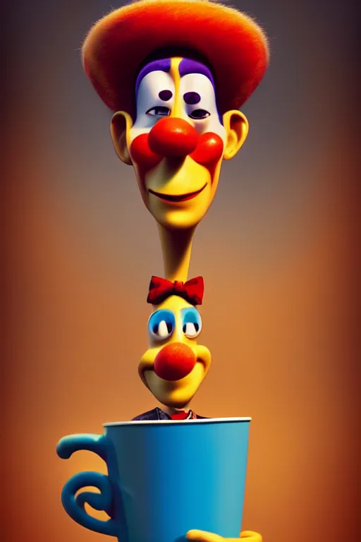 Image similar to portrait of a clown holding a cup of coffee with the circus in background, full body. pixar disney 4 k 3 d render funny animation movie oscar winning trending on artstation and behance. ratatouille style.