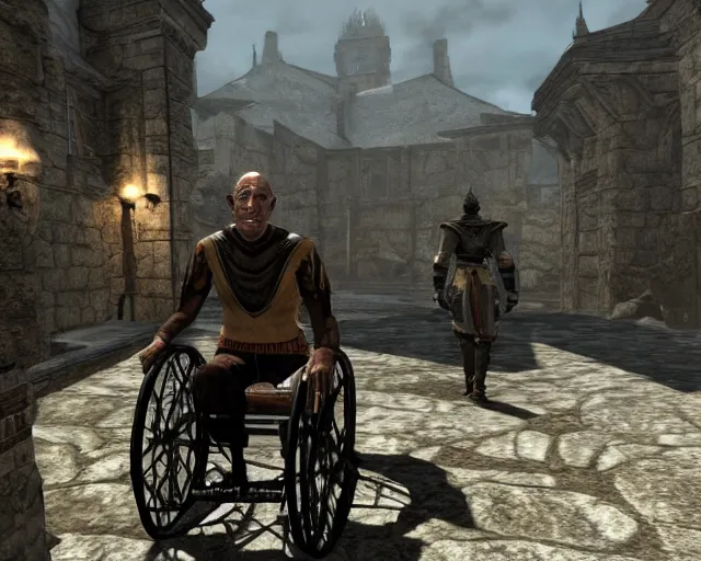 Prompt: hector salamanca on a wheelchair in skyrim, videogame screenshot, skyrim graphics