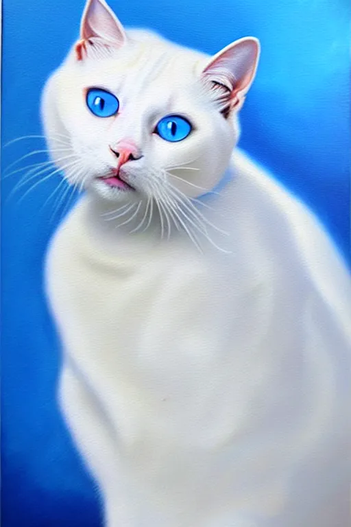 Image similar to an epic professional oil painting of a white cat with blue eyes, epic, stunning, gorgeous, intricate detail, much wow, 4K, masterpiece,