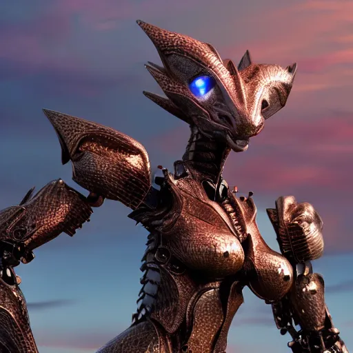 Image similar to a highly detailed close up of a beautiful majestic anthropomorphic robot female dragon, with smooth and streamlined mechanical armor, standing and posing elegantly on a beach, well detailed head with LED eyes, with sharp claws on her hands and feet, two arms, two legs, long tail, artstation, DeviantArt, professional, octane render, sunset lighting