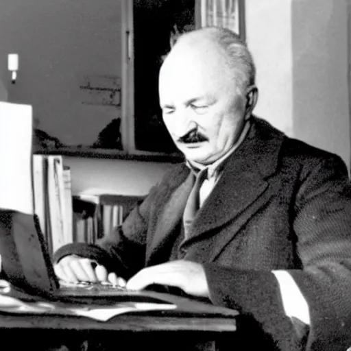 Prompt: old black and white photo, 1 9 3 3, depicting martin heidegger writing on a computer, historical record