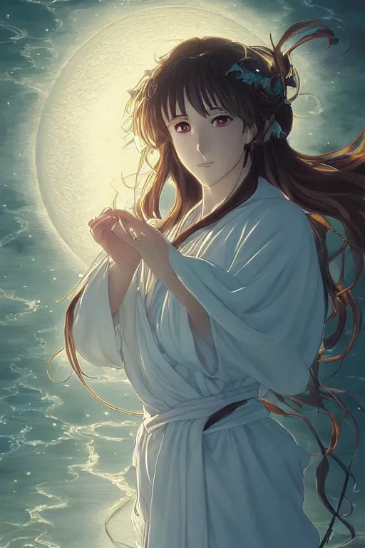 Image similar to anime key visual of a beautiful young moon spirit girl, wearing the robe of sacred mystery, intricate, moonlit lake, stunning, highly detailed, digital painting, artstation, smooth, hard focus, illustration, art by artgerm and greg rutkowski and alphonse mucha