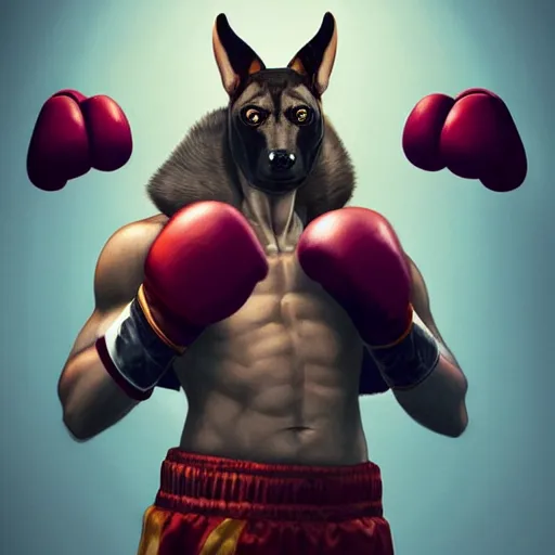 Prompt: anubis as a boxer ready to take on the world champ, boxing ring, strong spotlights, 4 k, trending on artstation, sakimichan, craig mullins, artgerm, greg rutkowski