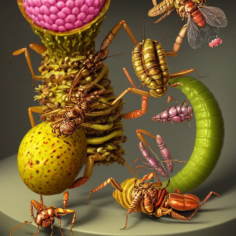 Image similar to still life surreal alien insects, alien insect, surreal alien ribbed pastel tropical flowers, rotten moldy tropical fruit, pastel colorful mold, baroque painting, beautiful detailed intricate insanely detailed octane render detail, 4K 8K, artistic photography tranding on Artstation, photorealistic, chiaroscuro, Raphael, Caravaggio