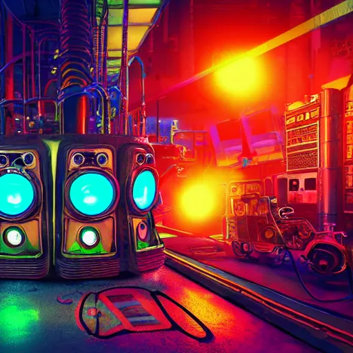 Prompt: album art, the album is called tripmachine, trance music, a huge steampunk mechanic machine with many loudspeakers and gears and tubes and wires, 8 k, fluorescent colors, halluzinogenic, multicolored, blue neon accents, exaggerated detailed, front shot, 3 d render, octane