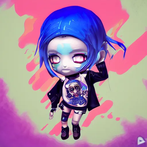 Image similar to a digital painting of a girl with blue hair and a skull on her shirt, lyco art, chibi, by antonio mello, 3 d nft, nendoroid 3 d, cyberpunk artm, cgsociety, sketchfab, seapunk, anime aesthetic, rendered in maya