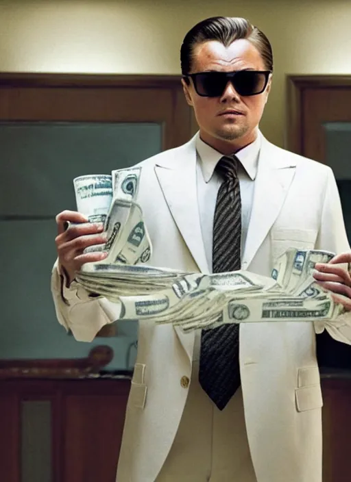 Prompt: film still of leonardo dicaprio as jordan belfort wearing sunglasses and holding a stack of money in the wolf of wall street 2 0 1 3,