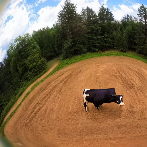 Prompt: a cow doing a motocross jump, fisheye lens