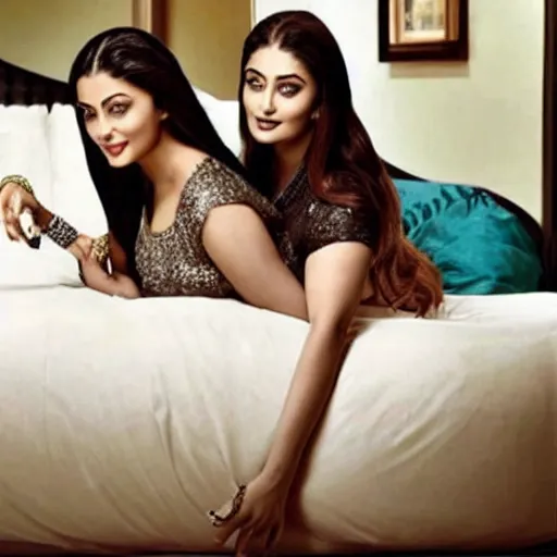 Prompt: a photo of aishwarya rai and kareena kapoor together in bed, hyper realistic, hyper detailed