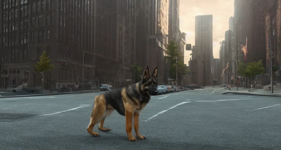 Image similar to the german shepherd of I am legend in new york, octane render, unreal engine, sundown, empty streets