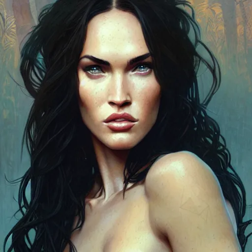 Image similar to Megan Fox , highly detailed, digital painting, artstation, concept art, sharp focus, illustration, art by greg rutkowski and alphonse mucha