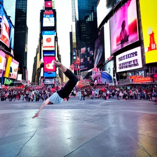 Prompt: a guy doing breakdance in times Square