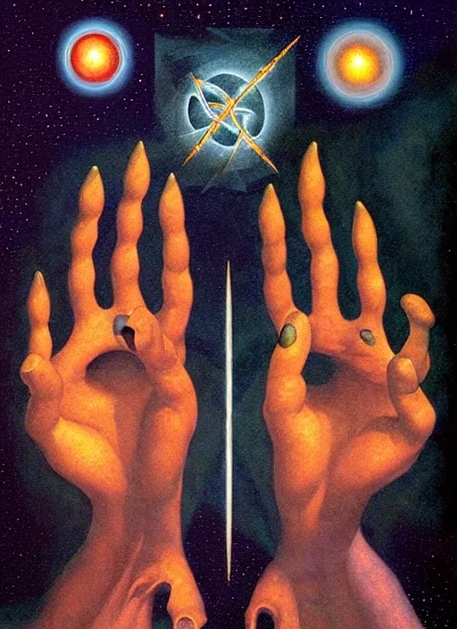 Image similar to antediluvian occult cosmology, panspermia, occult magic hand gestures, magick ritual hand signs, by joe jusko and remedios varo and daniel arsham and robert hooke, rule of thirds, vivid colours, negative space, atmospheric, digital painting, artstation, concept art, smooth, sharp focus